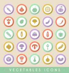Set of 25 Vegetables Icons on Circular Colored Buttons. Vector Isolated Elements.
