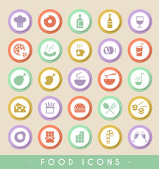 Set of 25 Food Icons on Circular Colored Buttons. Vector Isolated Elements.