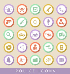 Set of 25 Police Icons on Circular Colored Buttons. Vector Isolated Elements.