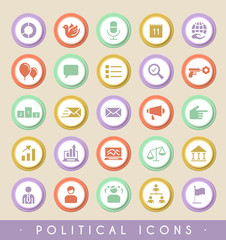 Set of 25 Political Icons on Circular Colored Buttons. Vector Isolated Elements.