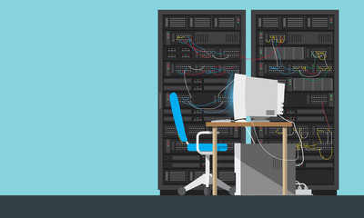 Man Working Data Center Technical Room Hosting Server