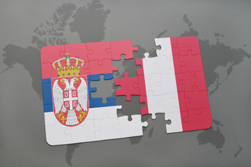 puzzle with the national flag of serbia and peru on a world map