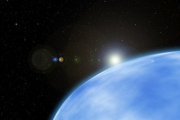 Space Scene with Sunrise Over Blue Planet