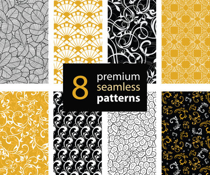 Vector Set of Black, White and Gold Yellow Abstract Trendy Seamless Repeat Patterns. Great For Fabric, Wrappring Paper, Wallpaer, Scrapbooking.