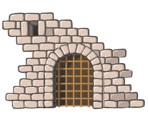 Obraz premium Gate with a lattice in a stone wall on white background.
