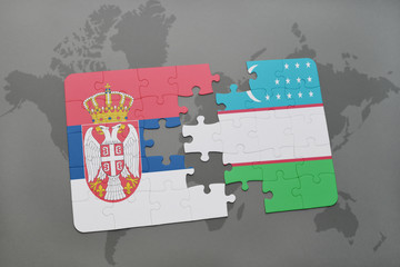 puzzle with the national flag of serbia and uzbekistan on a world map