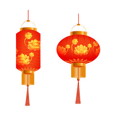 A set of orange Chinese lanterns. With lotus pattern. Round and cylindrical shape. Isolated on white background. illustration
