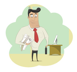 Smiling worker with documents near working place