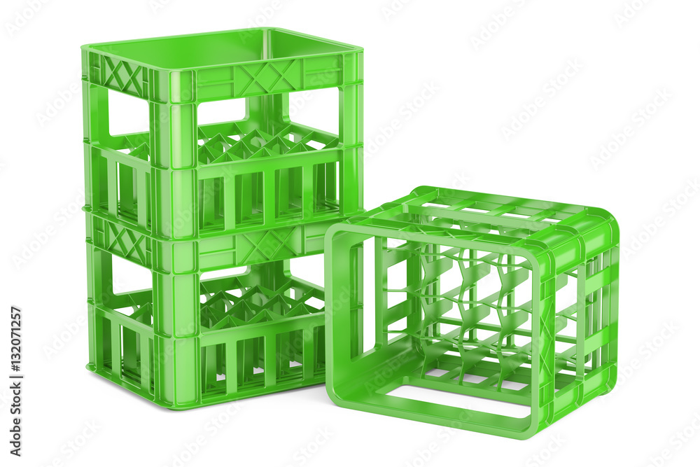 Aufkleber empty green plastic storage boxes, crates for bottles. 3d render