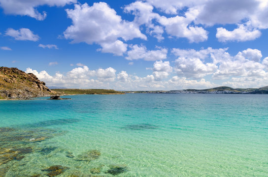 Beautiful bay with crystal sea water near Monastiri beach on island of Paros. Cyclades. Greece.