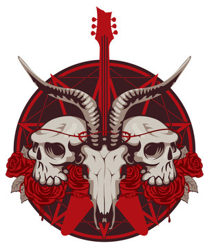 vector illustration with an electric guitar and skull of goat and human with roses
