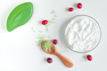 organic cosmetics with extracts of berries white background top view