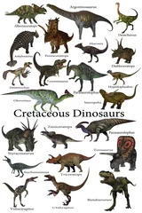 Fotobehang Krijt-dinosaurussen - Een verzameling van verschillende dinosaurussen die tijdens het Krijt over de hele wereld leefden. © Catmando