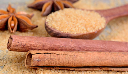 Wooden spoon with sugar and cinnamon
