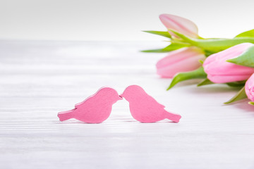 Happy Valentine's Day! Two birds and pink tulips