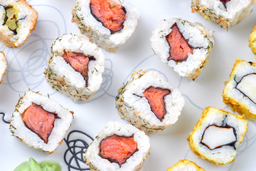 Sushi set on a white table