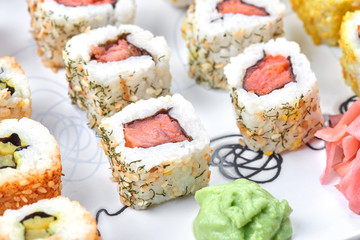 Sushi set on a white table