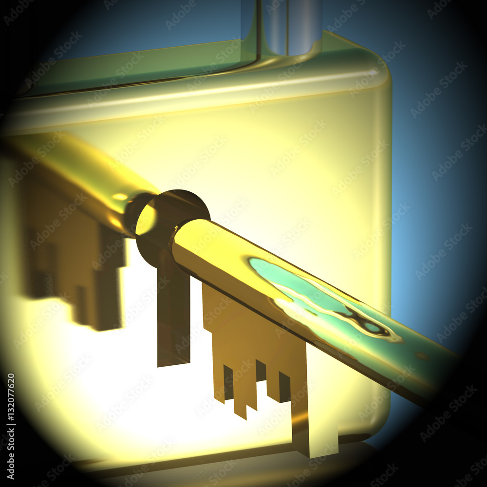 Poster padlock with key closeup showing security protection 3d renderin