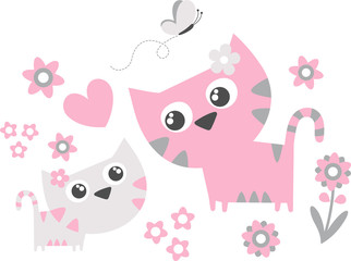 cute little cat with mom, flowers and butterfly isolated on white background