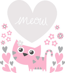 cute kitten with flowers and heart for copy space isolated on white background