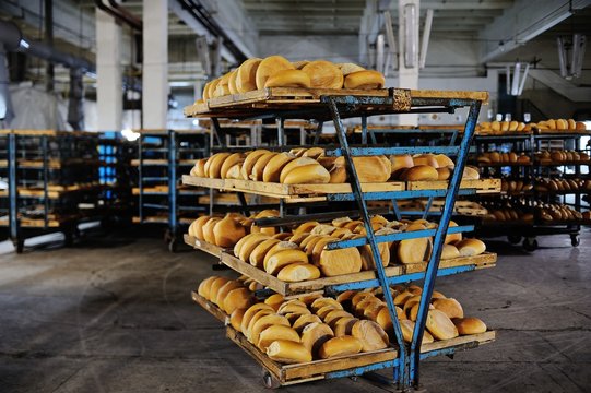 many loaves of fresh bread on a shelf in a bakery