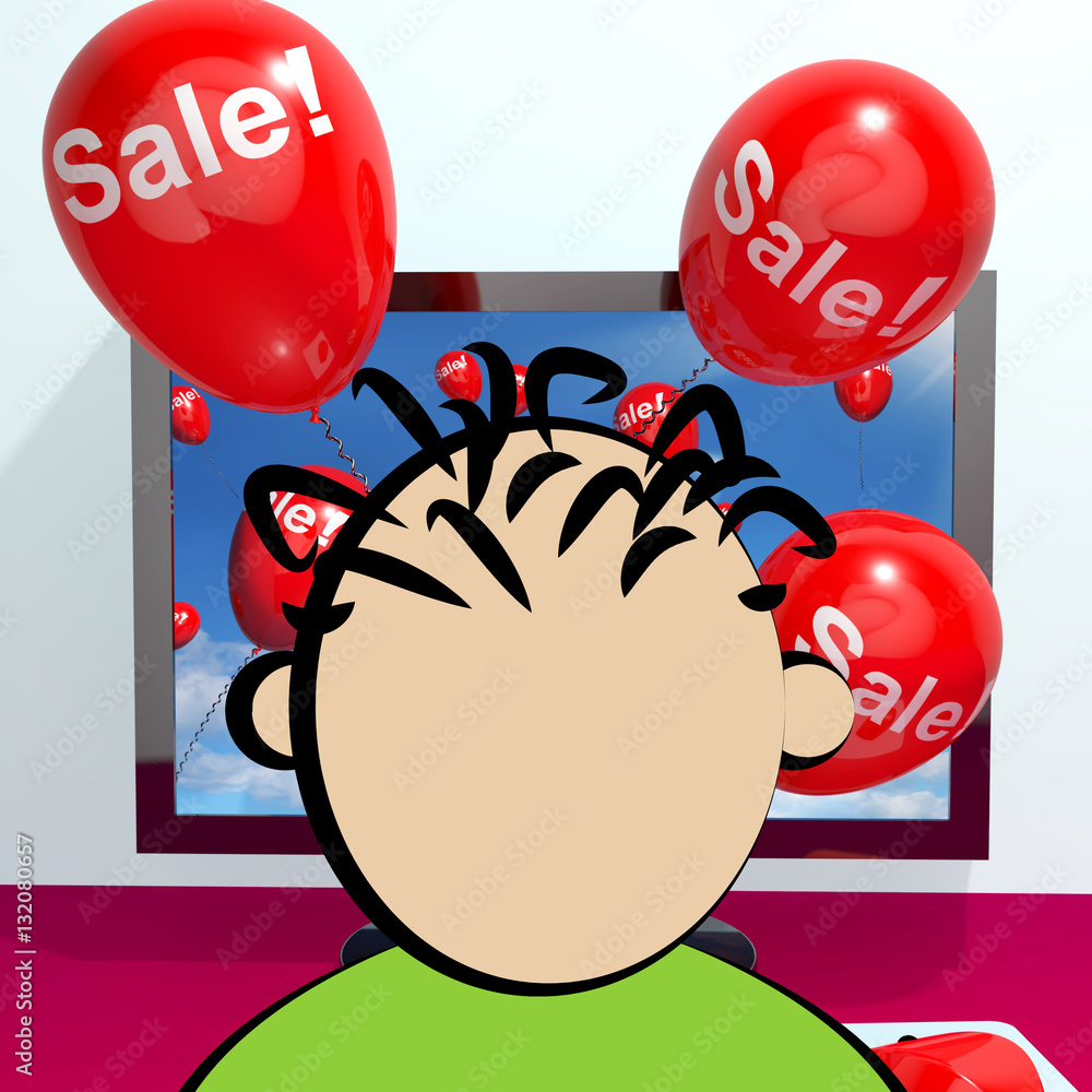 Poster sale balloons coming from computer 3d rendering