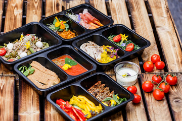 Healthy food and diet concept, restaurant dish delivery. Take away of fitness meal. Weight loss...