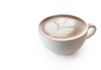Cup of hot coffee tulip latte art on white background