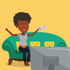 Woman playing video game vector illustration.