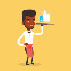 Waiter with like button vector illustration.