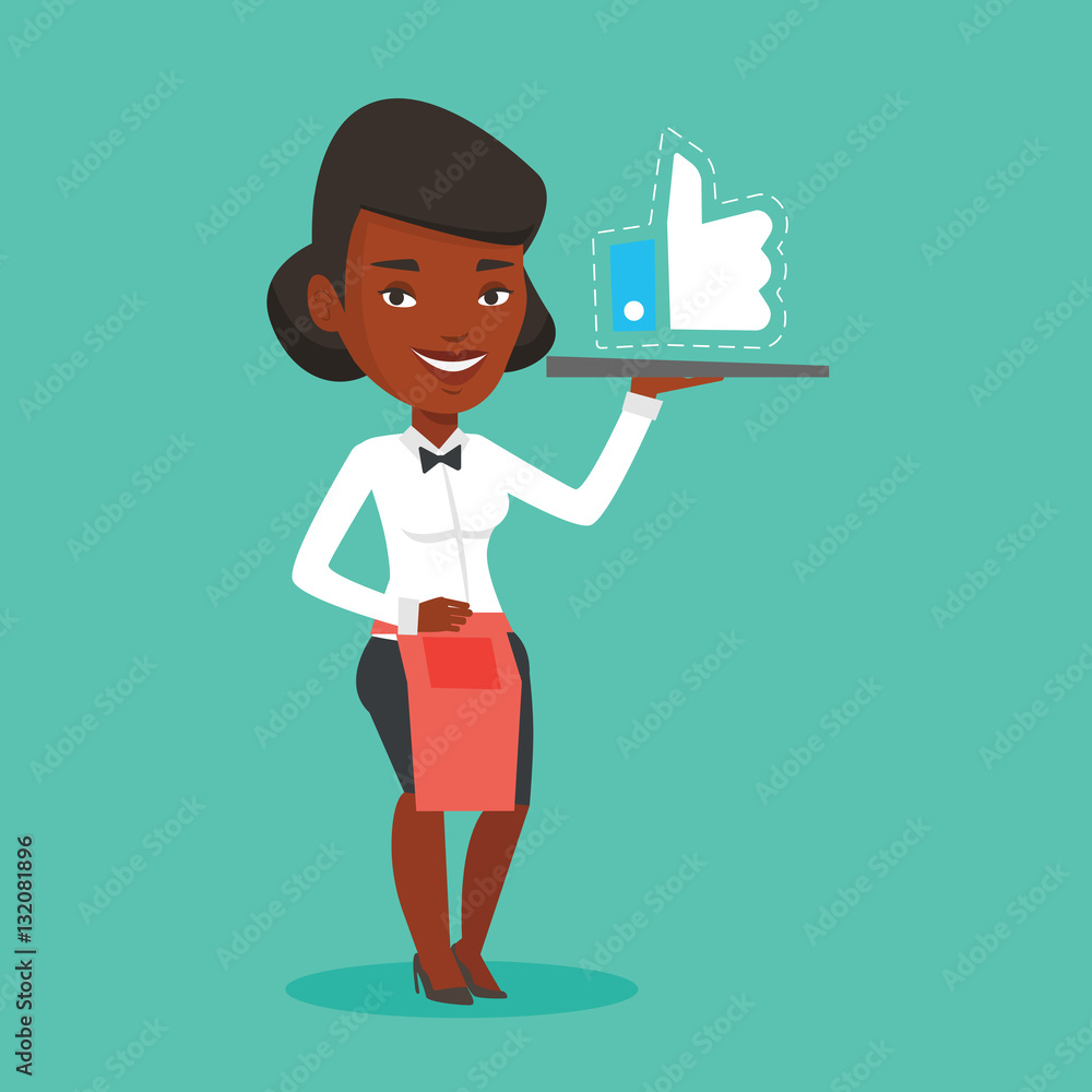 Poster waitress with like button vector illustration.