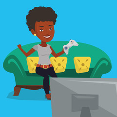 Woman playing video game vector illustration.