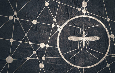 Grunge textured backdrop. Medical industry, biotechnology and biochemistry concept. Scientific medical designs. Mosquito icon. Connected lines with dots.