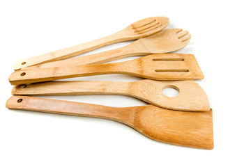 Set of bamboo utensils isolated on a white background