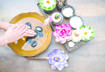Obraz na płótnie Canvas Spa treatment and product for female feet spa, Thailand. select and soft focus