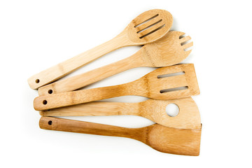 Set of bamboo utensils isolated on a white background