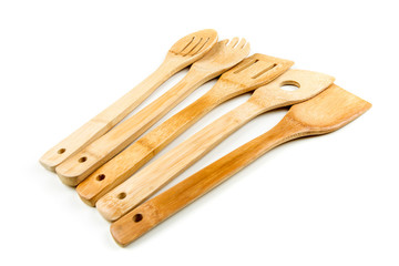 Set of bamboo utensils isolated on a white background