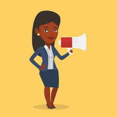 Business woman speaking into megaphone.