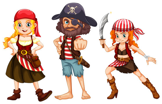 Three pirate characters on white background