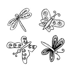 Hand drawn butterflies and dragonfly.