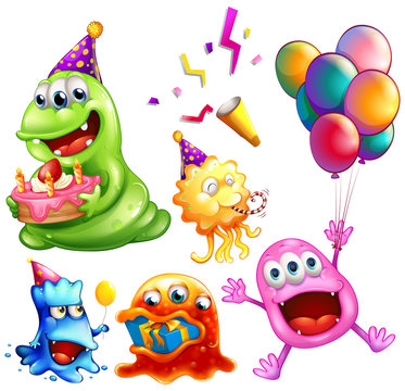 Monsters at party with cake and balloons