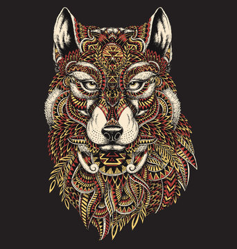 Highly detailed abstract wolf illustration in color