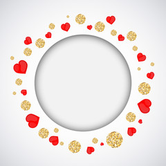 Background with heart and gold glittering circles . Vector illustration.