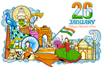 Obraz na płótnie Canvas Indian background showing its incredible culture and diversity with monument, festival celebration for 26th January Republic Day of India