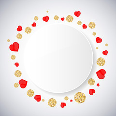 Background with heart and gold glittering circles . Vector illustration.