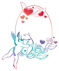 Cupid with bow hunting for hearts. Color gradient frame with Cupid, roses and hearts. Copy space. Raster clip art.