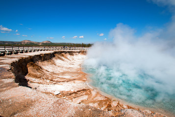 Excelsior Geyser in the Midway Geyser Basin next to the Firehole River in Yellowstone National Park in Wyoming U S A