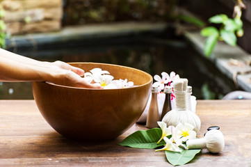 Spa Treatments and massage on wooden white, select focus