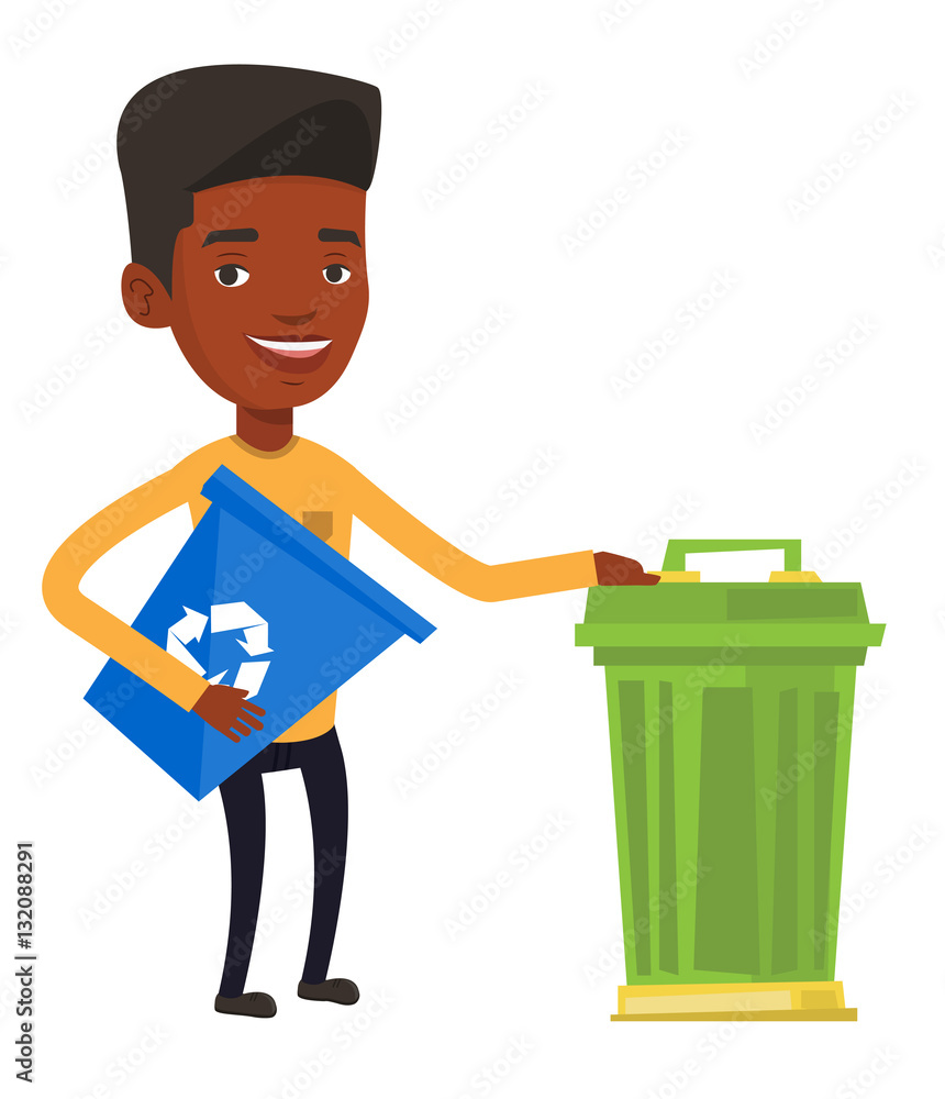 Poster man with recycle bin and trash can.