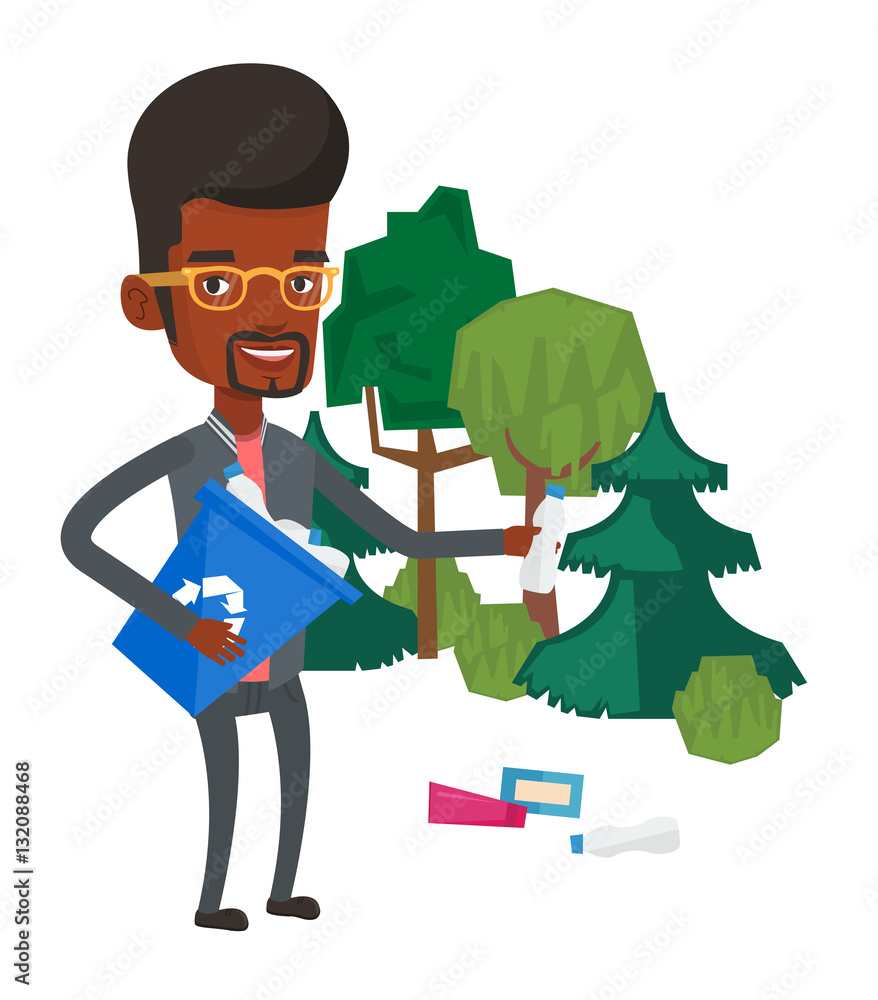 Poster man collecting garbage in forest.